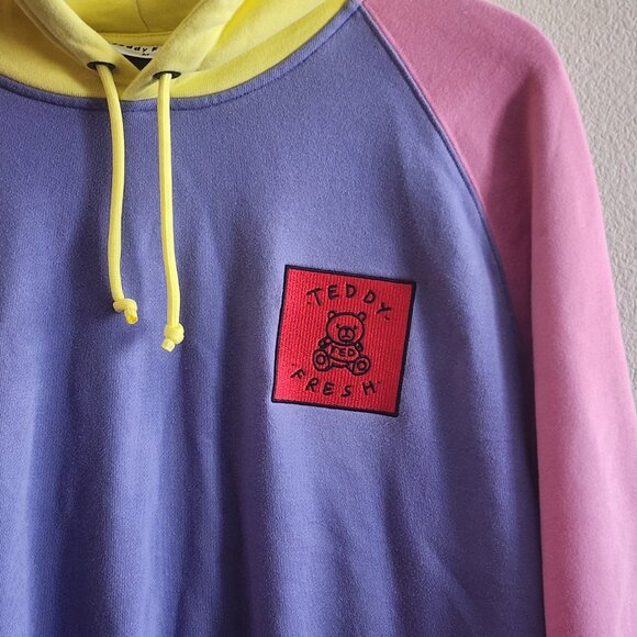 Teddy Fresh Hoodie Mens Medium Pullover Pastel Colorblock Purple Pink Blue Yello - Picture 2 of 11